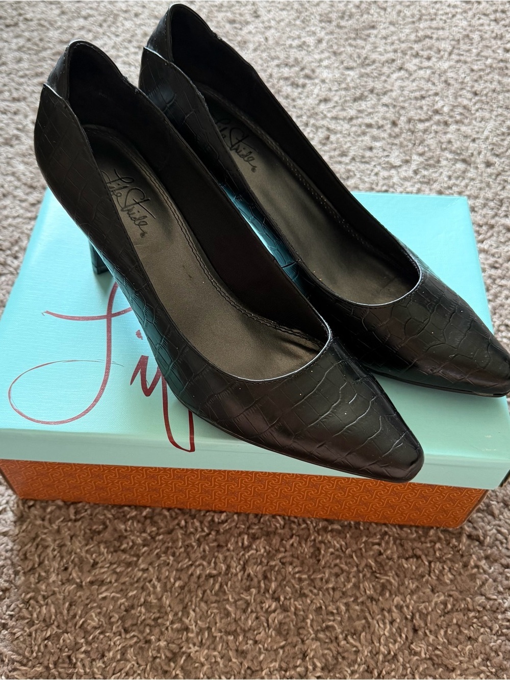 LifeStride Black Croc Embossed Pointed Toe Heels Pumps Size 8.5